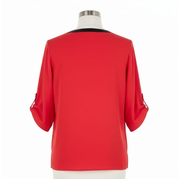 Calvin Klein Red Tunic Top w/Faux Leather Collar Gold Zip & 3/4 Tab Sleeves Sz S - Picture 6 of 12